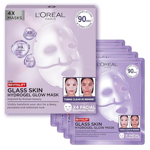 L'Oreal Paris Revitalift Filler Hydrogel Glow Mask 4 Pack, for Glass Skin, Korean-Skincare Inspired, Tissue Face Mask, Visibly Transform Skin, Dewy, Plumped and Refreshed Look, 4pc