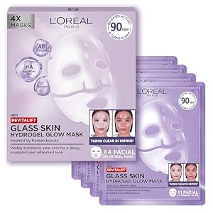 L’Oreal Paris Revitalift Filler Hydrogel Glow Mask 4 Pack, for Glass Skin, Korean-Skincare Inspired, Tissue Face Mask, Visibly Transform Skin, Dewy, Plumped and Refreshed Look, 4pc