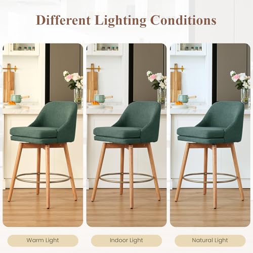 Image of kinmars Modern Bar Stools Set of 2,Swivel Counter Height Bar Stools with Soft Upholstered Back,Thick Seat,Wooden Legs, 27 inch Counter Stools for Kitchen Island (Green, 4 Pieces - 27 inch Counter Height)