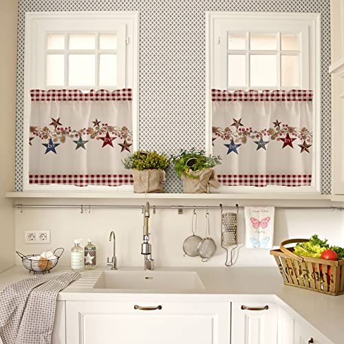 Libaoge Kitchen Curtain Valance And Tiers Set,Country Star Berries Red Buffalo Plaid 3 Pieces Semi Sheer Window Treatment Small Window Curtains Set For Bathroom,Bedroom,54Wx18L In+27.5Wx24L In*2 #TOP3