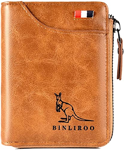 I0I&I0I Binley Kangaroo - Cartera de cuero para hombre con cremallera, bloqueo RFID, con ventana separada para tarjeta de identificación, diseño de canguro, Khaki, Minimalista