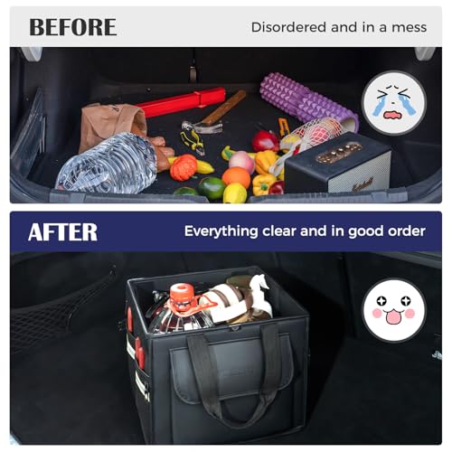 Image of Coverado Trunk Organizer for Car- Nappa Leather Trunk Organizer for SUV with Lid, 30L Multi Collapsible Car Storage Organizer Foldable, Multi Compartments with 2 Straps for SUV /Truck