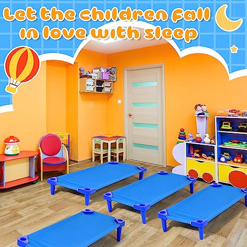 Burbell 4 Pcs Stackable Daycare Cots for Toddler 54\" l x 23\" W Kids Cots for Sleeping Portable Kids Bed Furniture Bed Frames Headboards Footboards for Classroom Preschool (Blue)