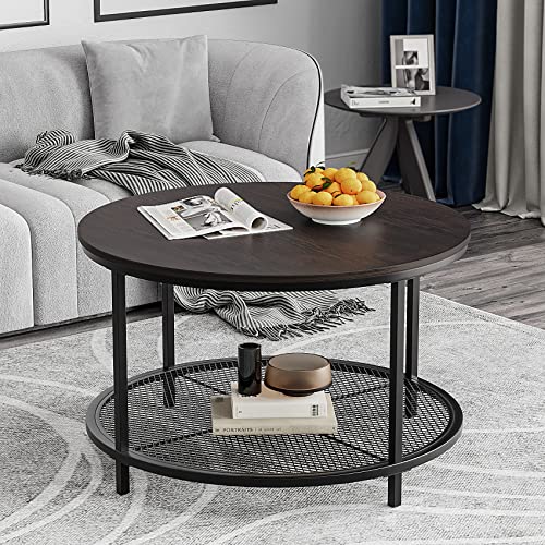 Smuxee 31.5" Round Coffee Table Espresso Color, Industrial 2-Tier Circle Coffee Tables With Storage Open Shelf, Coffee Table With Metal Legs For Living Room #TOP4
