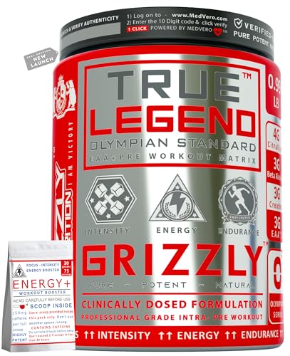Image of Grizzly Nutrition True Legend Olympian Grade 450 Grams+30Gr Energy Caffeine Pack Pre Workout Powder Supplement for Men & Women, Focus & Muscle Pump Formula with L-Citrulline, Beta Alanine, Creatine & Caffeine Pack, Citrulline, Theanine, EAA +21 Power Boosters, Watermelon Tequila, Lab Researched Formula