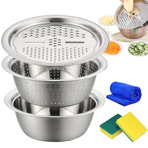 Germany Multifunctional Stainless Steel Basin, 304 Stainless Steel Shredding & Drainage Chopping Basin with Grater, Strainer and Drain Basket, for Kitchen, Salad, Vegetable, Fruit (10.24In)