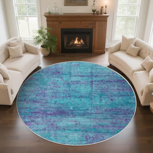 FLYRUGGO Round 5ft Abstract Rug, Modern Washable Indoor Circle Area Rugs for Living Room, Soft Circular Non-Slip Carpet Floor Mat for Entryway Dining Room Home Office - Teal+Purple