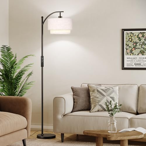 Image of SUNMORY Arc Floor Lamps for Living Room with 12W Remote and Dimmable Bulb | Modern Floor Lamps with Adjustable Double Fabric Shades Shades, LED Lamp, Boho Standing Lamp for Bedroom, Corner, Home Decor