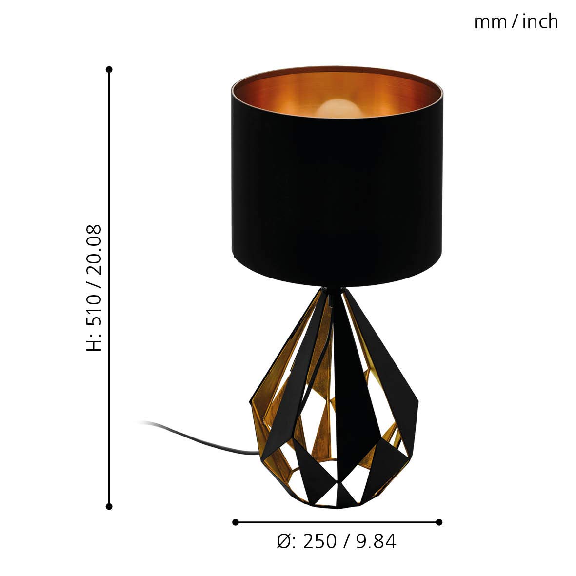 EGLO Tischlampe Carlton 5, 1 flammige Vintage Tischleuchte | Nachttischleuchte aus Metall und Stoff in Schwarz und Kupfer, E27 Fassung, inkl. Schalter