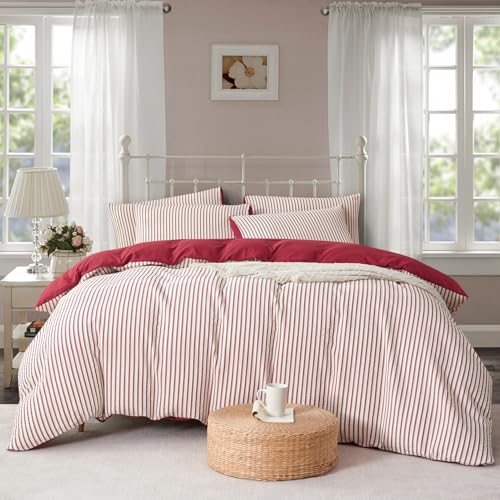 Image of Red Striped Comforter Set Queen - 3 Pieces Bedding Comforter Set for All Season, Soft Lightweight Washed Microfiber, 1 Striped Comforter and 2 Pillowcases (Red, Queen Size)