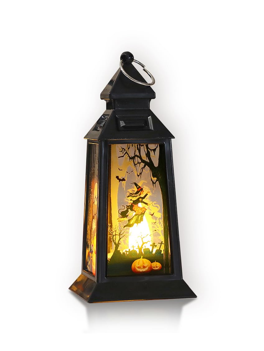 Mingkeda Witch Lights Halloween Decor Black Lantern Lights Mini Halloween Pumpkin Ghost Witch Bat Tree Candle Lantern For Indoor Outdoor Table Decorations (Witch Lights)