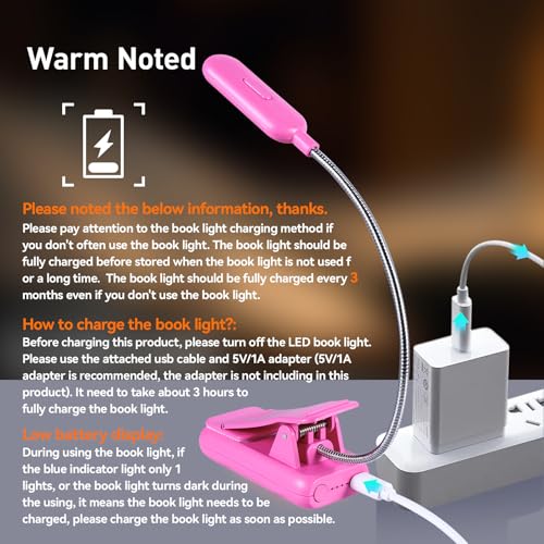 Image of VAVOFO Rechargeable Book Light for Reading in Bed Kids, 7 LED Reading Light with 9-Level Warm Cool White Daylight, Eye Care Lamp with Power Indicator for Bookworms (Rose)