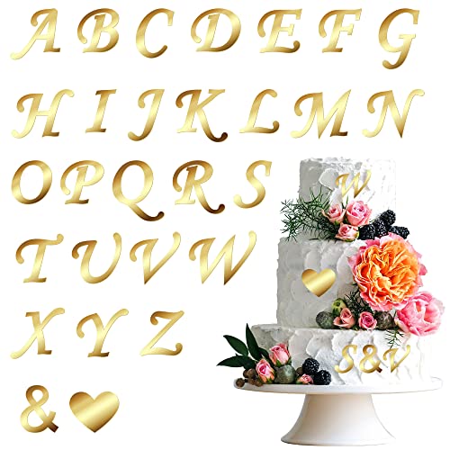 Gyufise – Lot de 28 décorations de gâteau en acrylique doré avec lettre de l'alphabet de A à Z, pour décoration de gâteau personnalisée, anniversaire, mariage, fête prénatale, fête