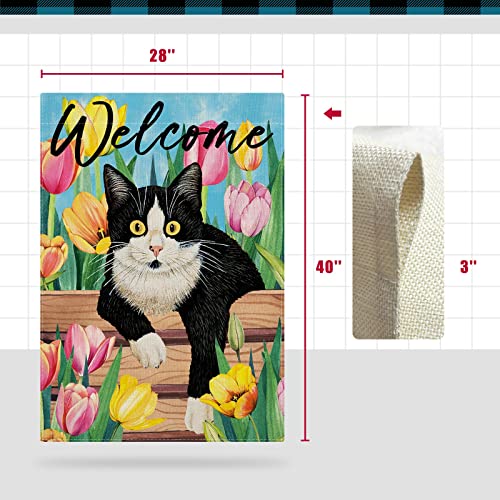 Cmegke Spring Cat Tulip House Flag, Spring Cat House Flag, Easter Flag Spring Summer Vertical Double Sided Burlap Welcome Black Cat Floral Holiday Party Rustic Farmhouse Yard Home Outdoor Decoration 28 X 40 Inch (Large) #TOP5