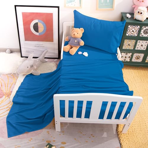 3 Piece Microfiber Toddler Sheet Set – Soft, Wrinkle-Resistant Solid Color and Bedding Set with Flat Sheet, Fitted Sheet, and Pillowcase, Royal Blue