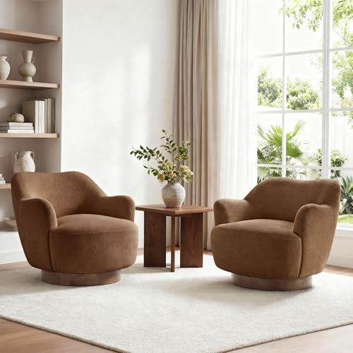Image of KISLOT, Swivel Accent Chair, Modern Arm Chair with Wooden Base, Terracotta | Upholstered Barrel Chair with Curves Camel Back Design, Living Room Bedroom Reading