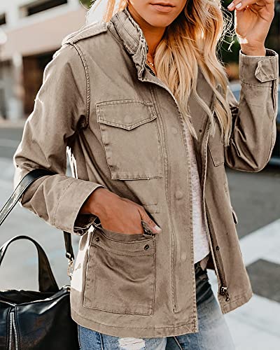 Soulomelody Womens Military Anorak Jacket Zip Up Snap Button Parka Safari Utility Coat Outwear With Pockets X-Large #TOP1