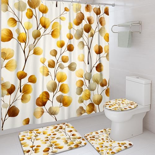 Juego de 4 cortinas de ducha de color oro amarillo, accesorios de alfombra de baño floral otoñal para decoración de baño, juego de cortina de ducha de tela impermeable blanca moderna con ganchos, 72 x
