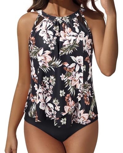 Image of SUUKSESS Women Tummy Control Tankini Bathing Suit Ruffle High Waisted Swimsuit