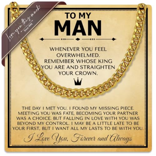 To My Man Steel Cuban Necklace, Meaningful Gift for Him, Romantic Gift for Boyfriend Long Distance, Small Sentimental Present for Boyfriend (Your Crown, 18k Gold Finish)