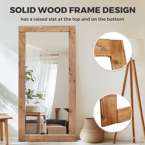 Image of 71x32in Full Length Mirror, Solid Wood Convex Frame, Light Brown