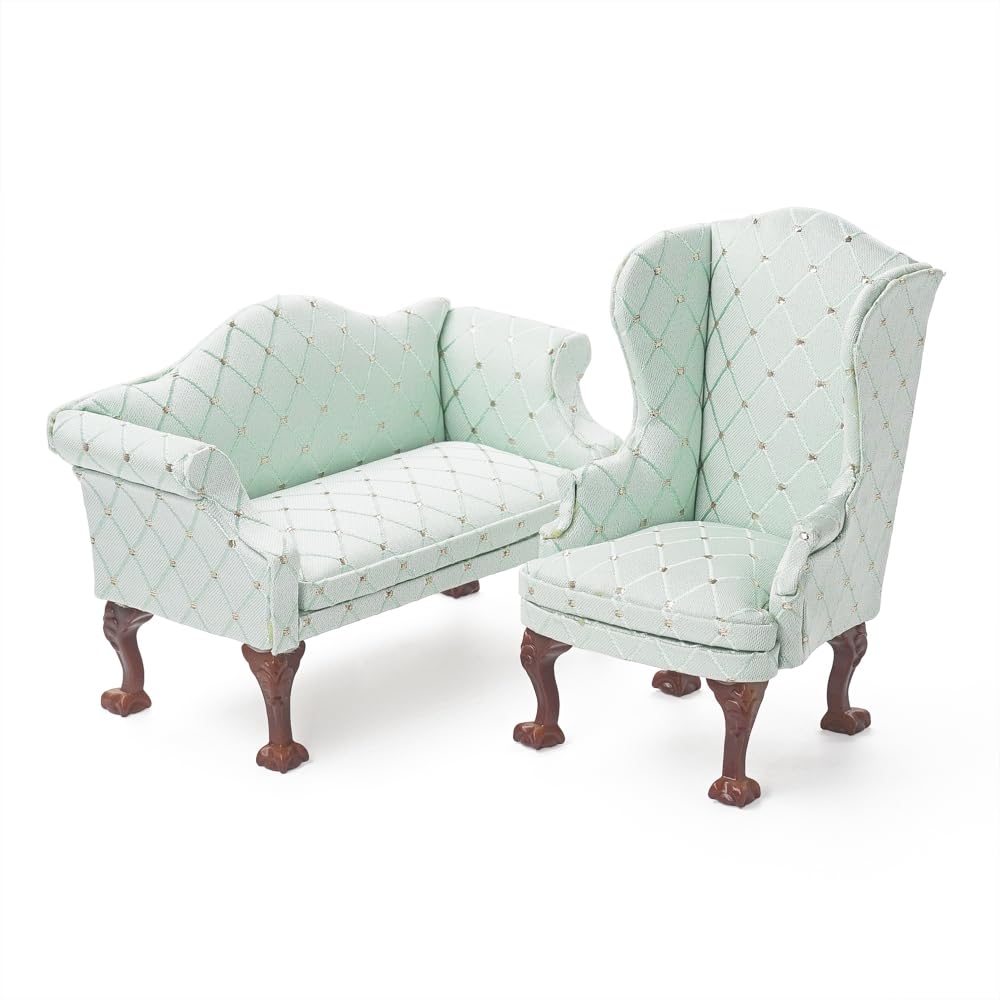 Odoria Dollhouse Couch Miniature Sofa: 1/12 Scale Loveseat Luxury Green Vintage Living Room Office Diorama - Mini Settee Salon Double Seat Victorian - Tiny Armchair Wood Furniture