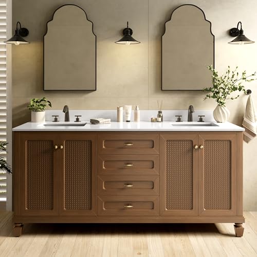 Alphabath 72 Inch Double Sink Bathroom Vanity, Solid Wood Bathroom Cabinet with Marble Countertop & Backspalsh, Soft Closing 4 Doors & 3 Drawers, Fully Pre-Assembled, Hickory