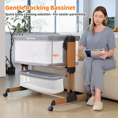 Ezebaby 3-in-1 Baby Bassinet, Rocking Baby Bassinets Bedside Sleeper, Adjustable Portable Crib for Newborn Infant with Wheels Storage Basket and Mesh Sides — view 3