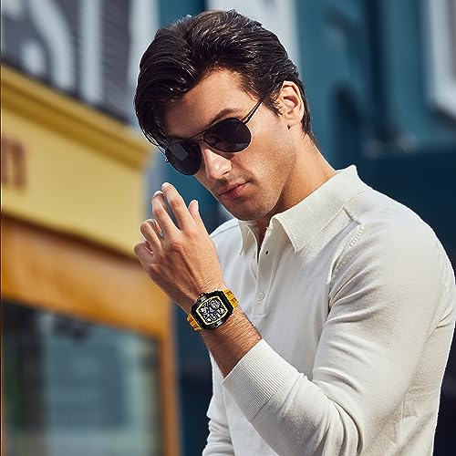 Image of TSAR BOMBA Men's Automatic Watch Tonneau Luxury Skeleton Watches for Men Mechanical 50M Waterproof Analogue Watches Mens Unique Cool Square Big Face Dial Wristwatch with Silicone Strap Band