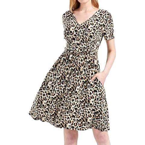 DaniChins Women's High Waist Short Sleeve Casual A-Line Floral Swing Midi Dress with Pockets (02, XXL) Leopard Print Cover