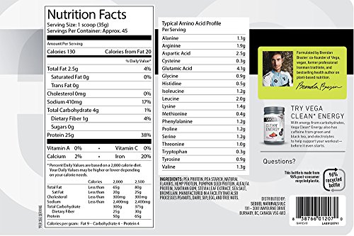 Vega Clean Protein Powder Vanilla (45 Servings, 3.43lb) - BCAAs, Vegan, Non Dairy, Gluten Free, Non GMO