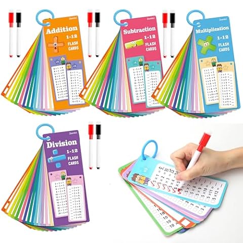 XRVRILE 4 karty matematyczne z 8 wymazywalnymi długopisami, wymazywalnymi kartami matematycznymi, kartami matematycznymi do nauki dodawania odejmowania mnożenia i dzielenia