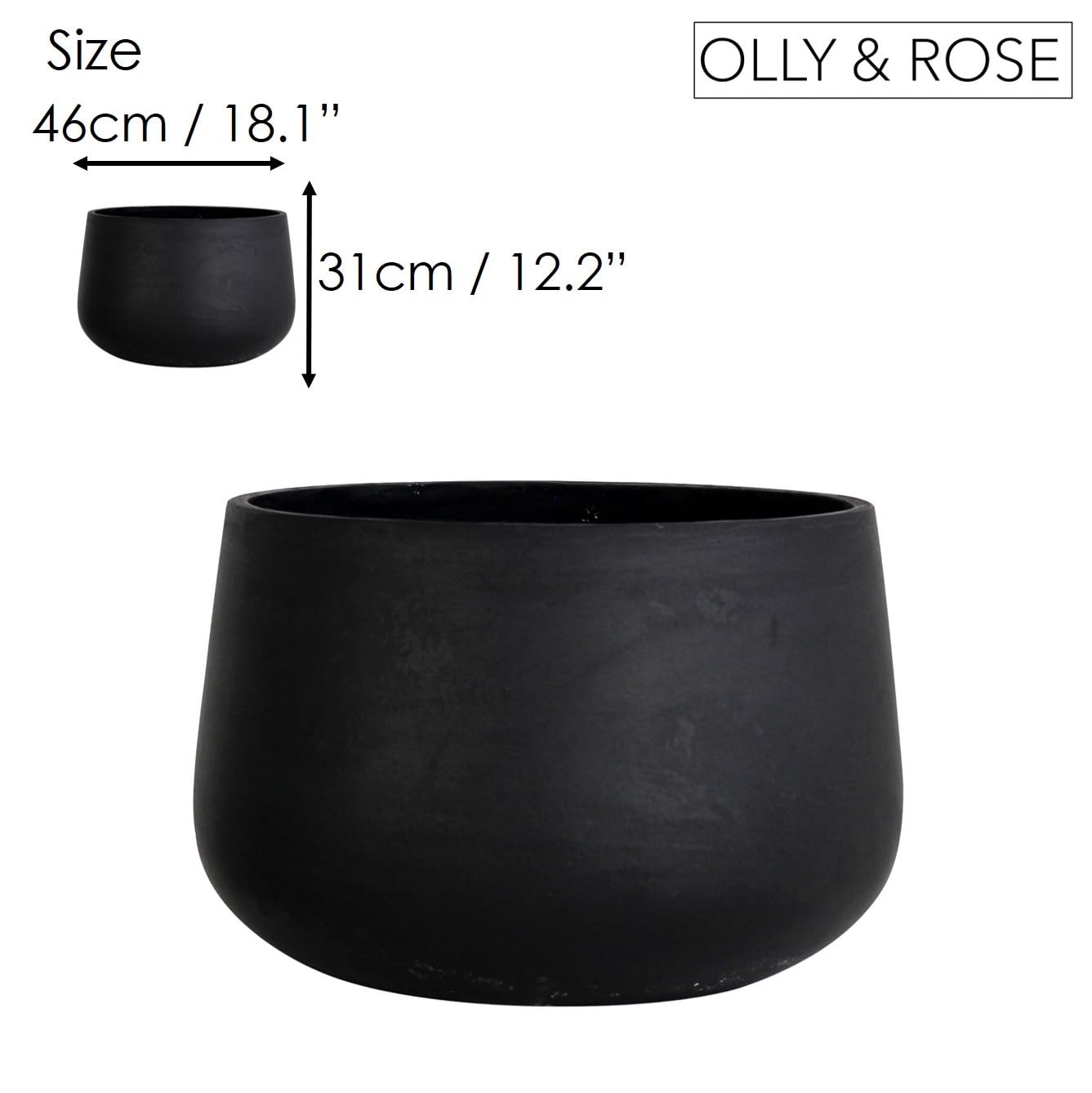 Olly & Rose Bardzo duża donica na rośliny z czarnego matowego włókna - doniczka XL do wewnątrz na zewnątrz - 46 cm 18"