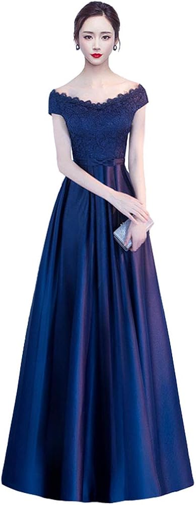 Yorkfine 演奏会用ドレス 税込 ブライズメイド ロングドレス 母親 結婚式 演奏会 袖あり Lomohanaga フォーマル ピアノ発表会 オフショルダー ワンピース ロング 紺色 大人 イブニングドレス パーティードレス