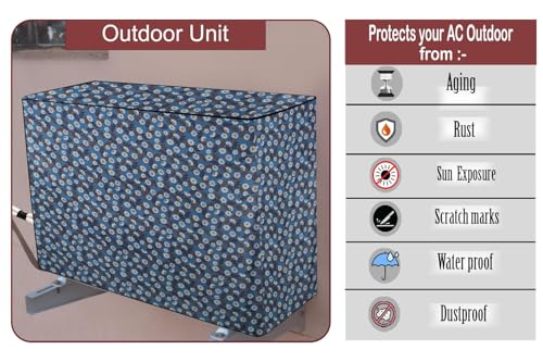 Image of The Furnishing Tree 1 Ton Split AC Cover for Indoor and Outdoor Units Floral Pattern Blueish Grey