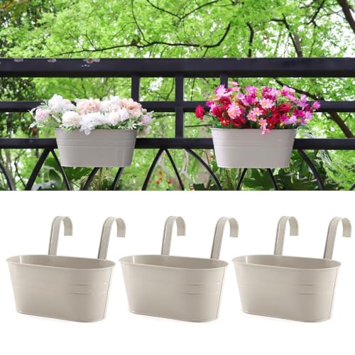 Meltset M 3 Pack Metal Railing Planters, 10.5" Oval Hanging Flower Pots with Detachable Hooks & Drainage Holes, Fits Rails up to 2.36", Galvanized Iron Fence Bucket for Balcony Garden Patio - Gray