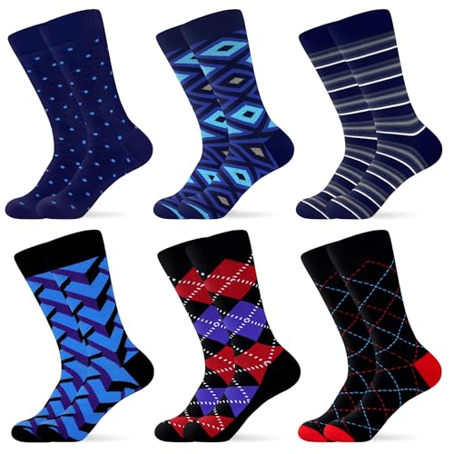 WeciBor Men's Blue Dress Socks 6-Pack, Comfortable Seamless Cotton Crew Socks for Formal Business Casual Wear, Size 7-12