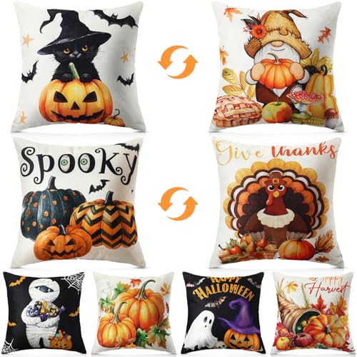 Amyhill 4 Pcs Fall Pillow Cover 18 x 18 Inch Set of 4 Double Sided,Retro | Thanksgiving Day Pillow Covers for Sofa Couch Bed, Pumpkin Turkey Ghost Design, Holiday Halloween Home Outdoor Decoration