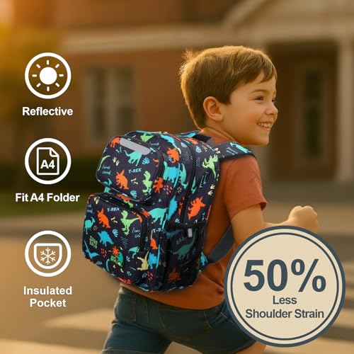 Kids Backpack for Boys - 15 Inch Dinosaur Backpack for Kids Ages 3 to 8, School Bookbag for Preschool Kindergarten Elementary 1st 2nd Grade, Insulated Pocket, Reflective Stripe, Black2