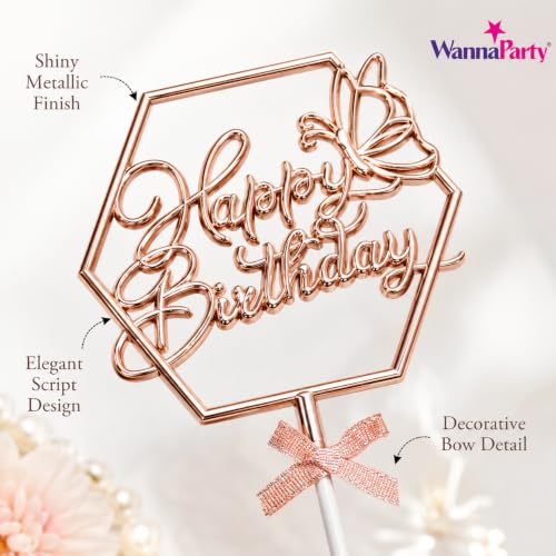 Image of Wanna Party Happy Birthday Cake Topper, Rose Gold Hexagon Frame with Butterfly & Bow, Birthday Cake Decoration Pick for Kids, Adults, Party Cakes & Dessert Table - 1PC