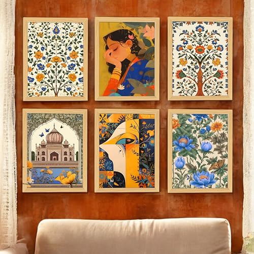 Image of PAINTINGMANTRA Mughal Floral Madhubani Wall Art With Frame For Living Room, Madhubani paintings for Bedroom Home And Office Wall Decor, Set of 6, 9x13 Inch
