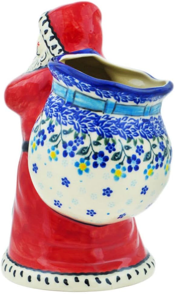 Polmedia Polish Pottery Santa Shaped Jar - Bluems Pattern Handmade in Boleslawiec Poland + Certificate of Authenticity