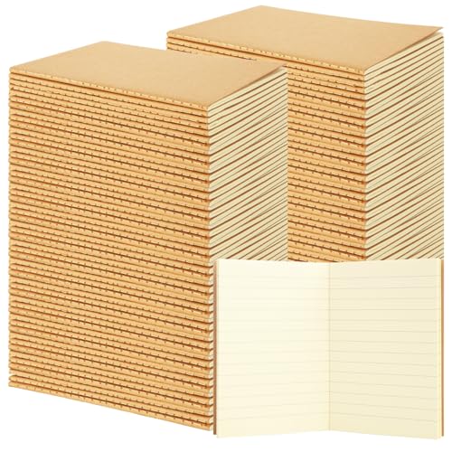 ACXFOND 100 Pocket Notebook 3.5" x 5.1" Kraft Paper Small Notebook Mini Notebooks Bulk Mini Journal Memo Notepads for Students, Traveler, School Office (Brown Cover, Horizontal Line)