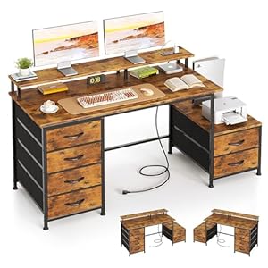 Flrrtenv 128cm Desk with Fabric File Cabinet, Computer Desk with Shelves and Drawers, Writing Table with Monitor Stand, Study Table Workstation for Home Office, Rustic Brown