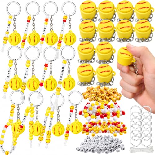 foci cozi Softball Keychain Making Kit - Softball Party Favors Gifts for Team Goodie Bag Stuffers with Letter Beads & Clicker Fidget Toy(Yellow softball)
