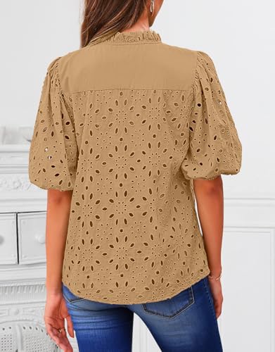 BETTE BOUTIK Women's Long Short Sleeve Tops 2025 Dressy Casual Button Hollow Out Lace Embroidered Blouses Shirts