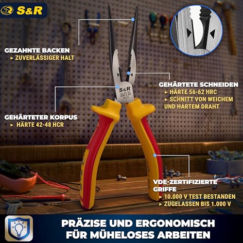 S&R VDE Flachrundzange 200 mm, gerade Spitzzange, 60 CrV hitze- und induktionsgehärtet für professionellen Einsatz, Härte HRC 66, Seitenschneider, 2K-Griff, Abrutschschutz, Storchschnabelzange