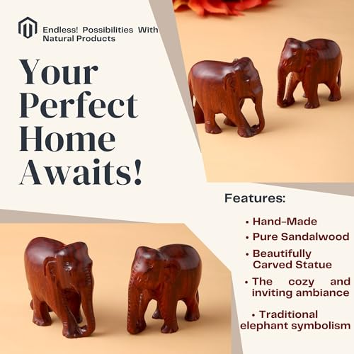 Image of RDK Red Sandalwood Elephant Pair Idol - Natural Lal Chandan Wooden Miniature Figurine Set for Home Decor & Vastu - 1 Inch Handcrafted Spiritual Murti Combo