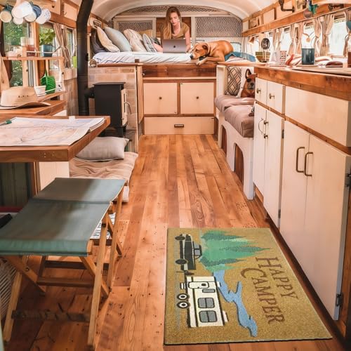 Aucuda Happy Camper Door Mat Outdoor Washable for Kitchen Floor, Welcome Muddy Mats for Front Door Outside Entrance, 30"x17" Entryway Rubber Rug Waterproof for RV, Trailer, Motorhome, Porch, Patio.