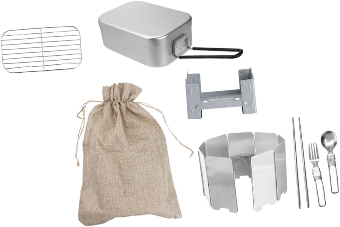 Luxshiny 1set Portable Food Container Folding Handle for Outdoor Picnic Camping Capacity Includes Steaming Rack Stove Utensils Windshield Carry Bag